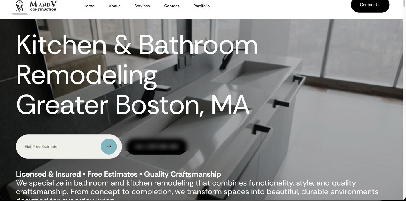 M&V Construction website — Kitchen and Bathroom Remodeling homepage